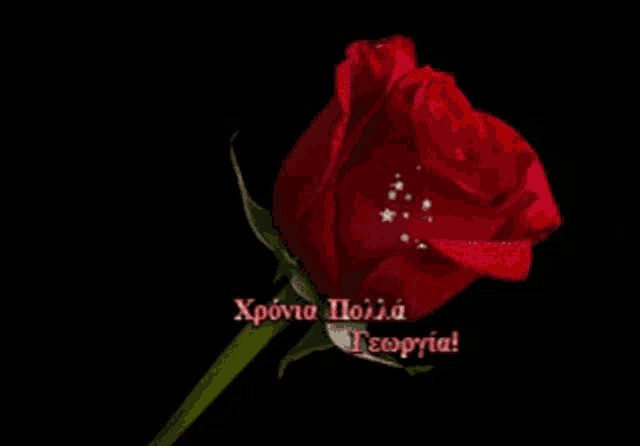 a red rose is on a black background with a greeting in greek letters