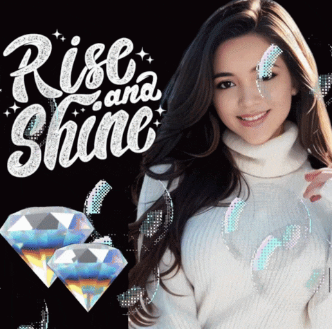 a woman in a white sweater stands in front of a black background with the words rise and shine