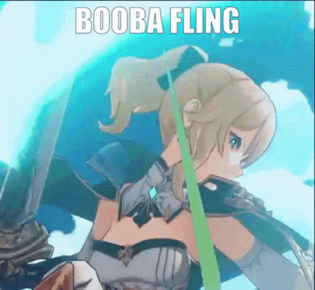 a cartoon of a girl holding a sword with the words booba fling on the bottom