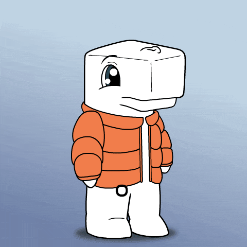 a cartoon character is wearing an orange jacket and white pants