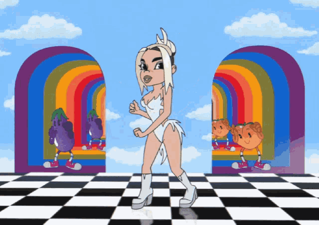 a cartoon of a woman dancing with a rainbow in the background