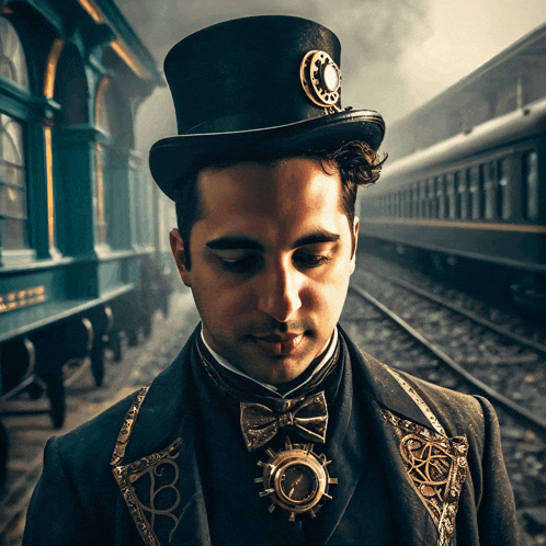 a man wearing a top hat and a necklace with a clock on it