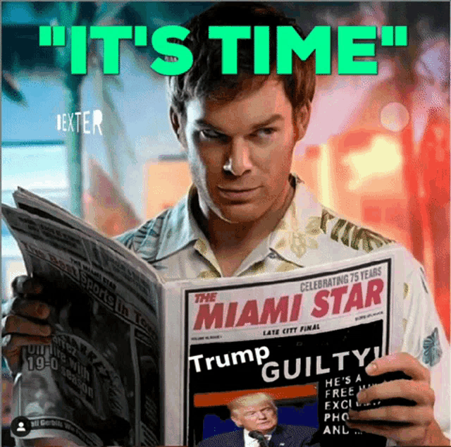 a man is reading a miami star newspaper with a picture of trump on the front