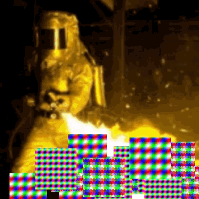 a blurred image of a man wearing a gas mask and a helmet