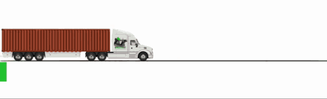 a white semi truck with a green sign that says go green go safe go far away on it
