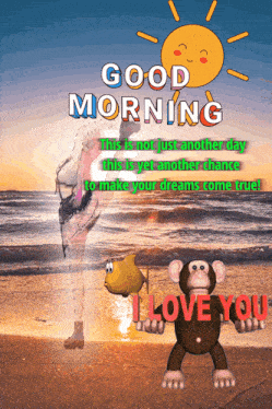 a good morning greeting card with a monkey and a fish