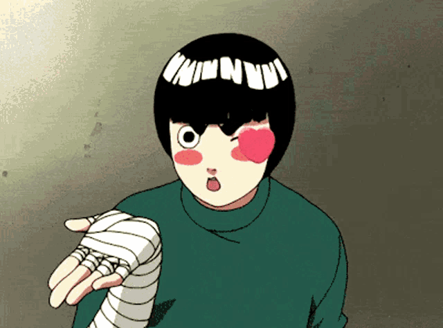 a cartoon character with a heart in his eye and a bandaged hand