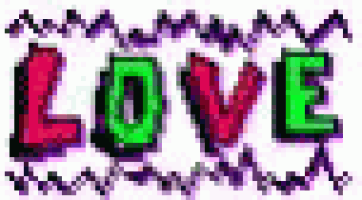 the word love is written in a pixel art style and has a heart in the middle .