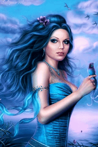 a woman in a blue dress is holding a bird
