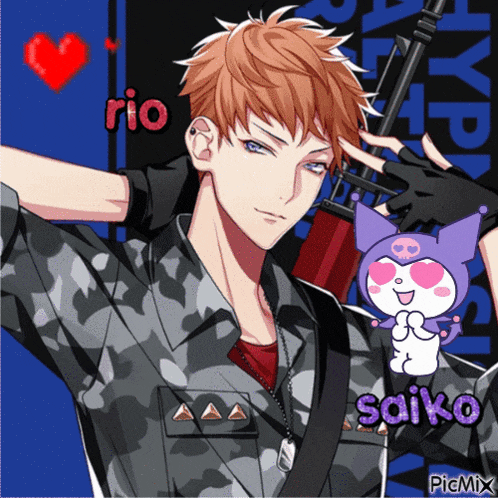 a picture of a man holding a gun with the name rio and saiko on it
