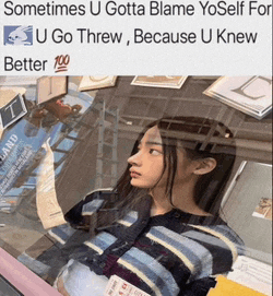 a woman in a striped sweater is looking out a window with the caption sometimes u gotta blame yoself