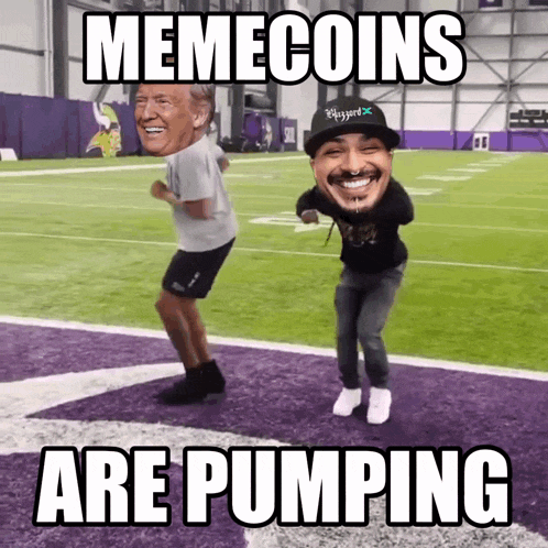 two men are dancing on a football field with memecoins are pumping written below them