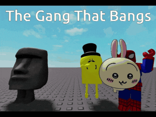 a poster for the gang that bangs shows a statue a rabbit and a spider man