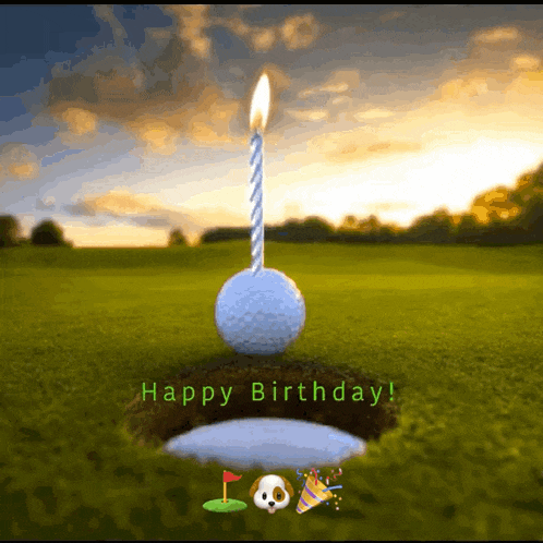 a birthday card with a golf ball with a candle on top of it