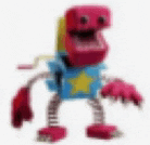 a toy robot with a blue shirt and a yellow star on it 's chest .