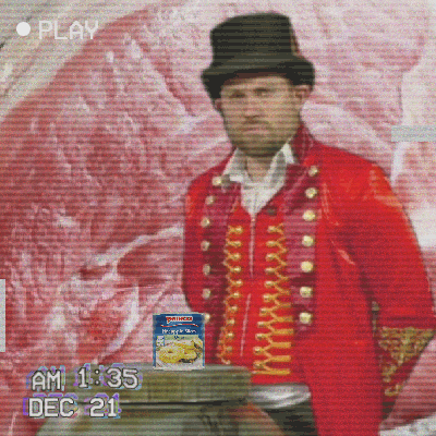 a man in a top hat is standing in front of a box of pancer