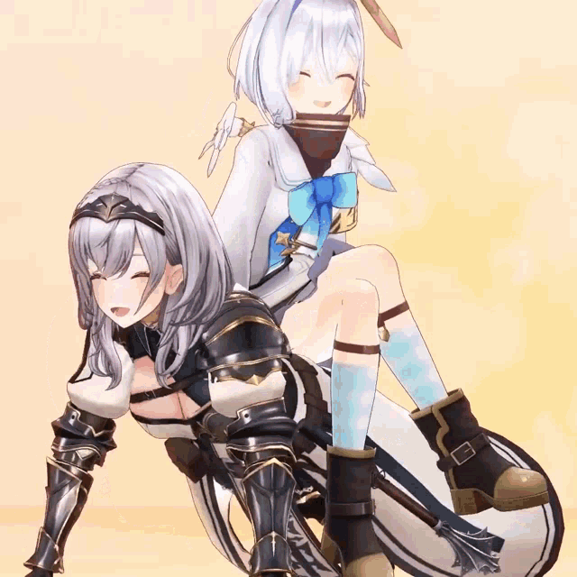a girl with white hair is sitting on the back of another girl in armor