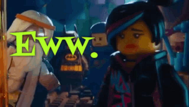 a group of lego characters are standing next to each other and the word eww is on the screen
