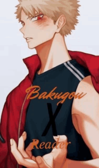 a drawing of bakugou x reader with a red jacket on