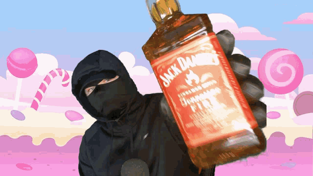 a man in a mask holds up a bottle of jack daniel 's
