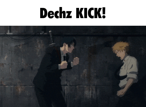a man in a suit is standing next to another man with the words dechz kick on the bottom