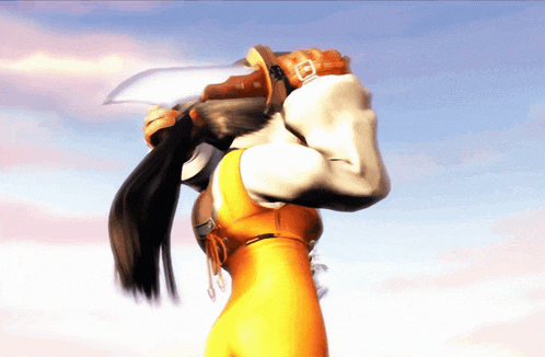 a woman in a yellow dress is holding a sword