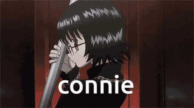 a picture of a girl with glasses and the name connie on it