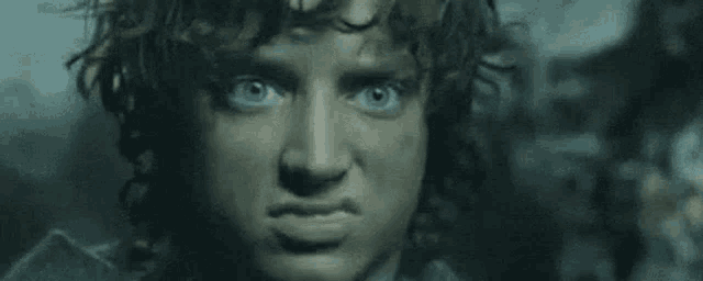 a close up of a man 's face with blue eyes and curly hair .