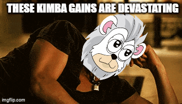 a man laying down with a cartoon lion on his face and the words " these kimba gains are devastating " above him