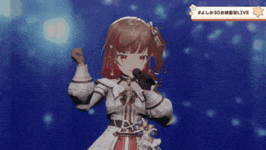 a girl with red hair is singing into a microphone with the words # 3d live on the bottom right