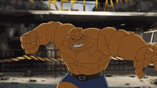a cartoon of the thing standing in front of a building that says ' marvel hq ' on the bottom