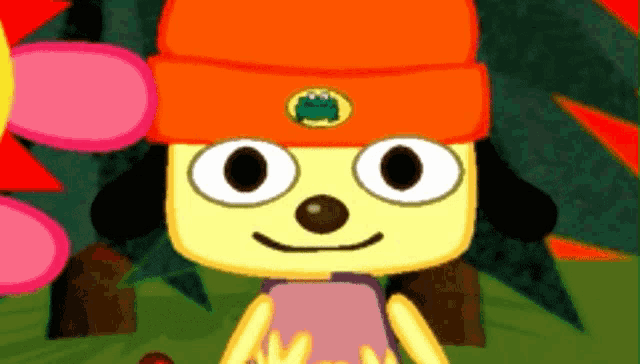 a cartoon character with a frog on his hat is smiling
