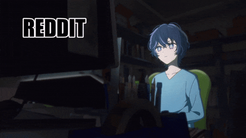 a person sitting in front of a computer screen with the word reddit written above them