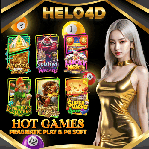 a woman in a gold dress is standing in front of a display of hot games