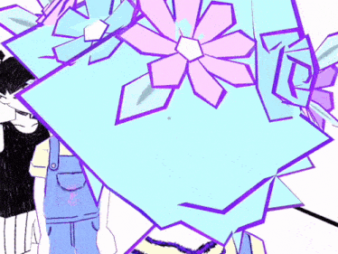 a drawing of a person holding a piece of paper that has a flower on it