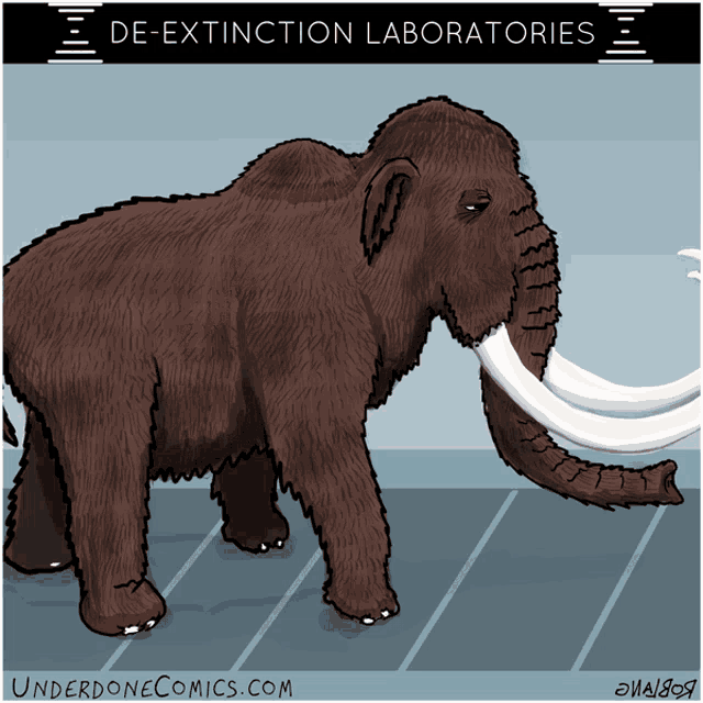 a cartoon of an elephant with the words de-extinction laboratories on the bottom