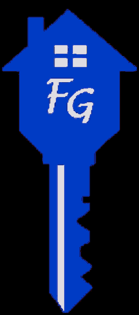 a green key in the shape of a house with the letter fg on it
