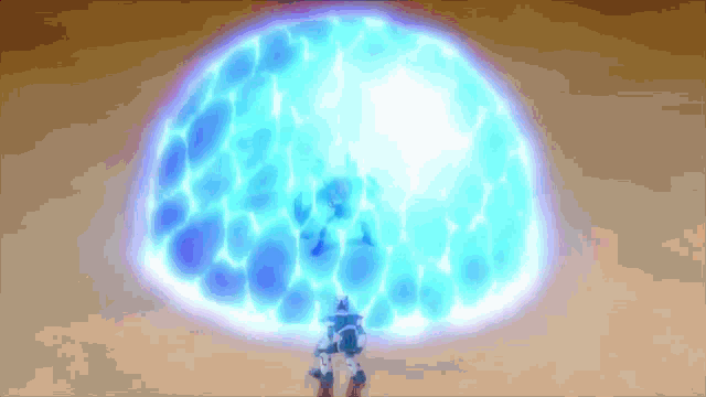 a person is standing in front of a large blue light