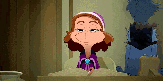 a cartoon character is reading a book while a cat stands behind her