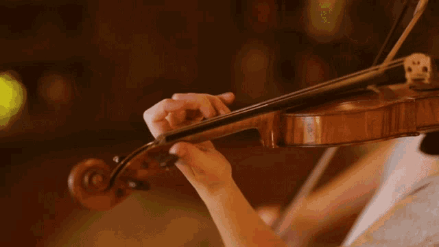 a close up of a person playing a violin with a blurry background