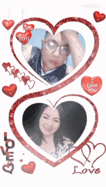 a picture of a man and a woman surrounded by red hearts with the words i love you