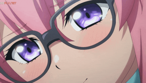 a close up of a girl wearing glasses with the word animev.net in the bottom right