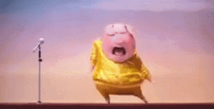 a cartoon pig is singing into a microphone while standing on a stage .
