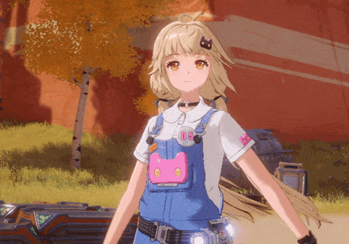 a girl wearing overalls and a white shirt has the number 05 on her shirt