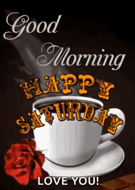 a cup of coffee with the words `` good morning happy saturday '' written on it .