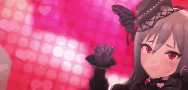 a girl with a butterfly on her hat is holding a purple flower