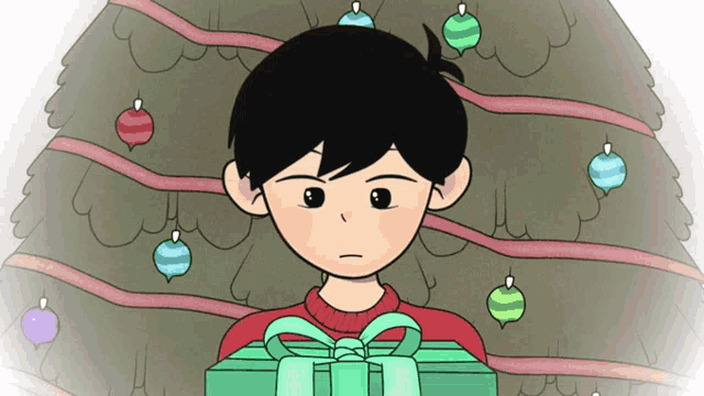 a boy in a red sweater is holding a gift in front of a christmas tree