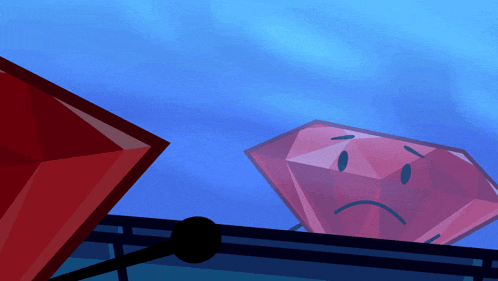 a red diamond with a sad face is standing next to a pink diamond