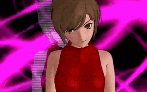 a cartoon girl is wearing a red top and standing in front of a pink background .