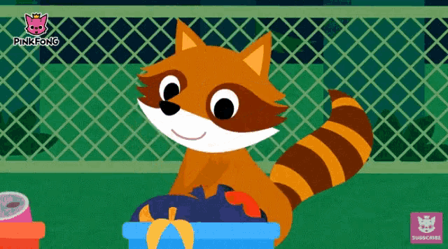 a cartoon of a raccoon with pinkfong written on the top